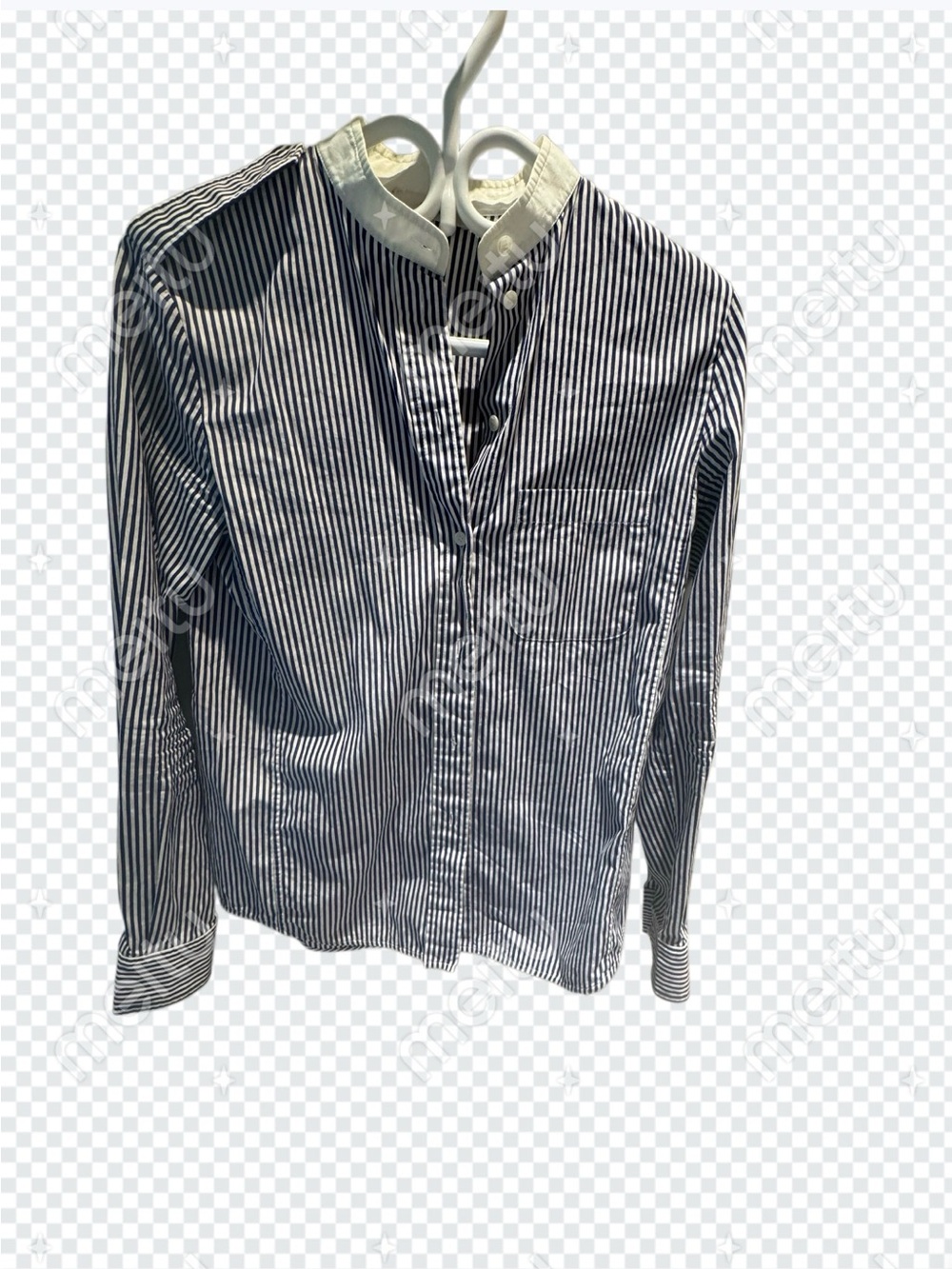 Celine Navy and White Striped Grandad Collar Button-Down Shirt